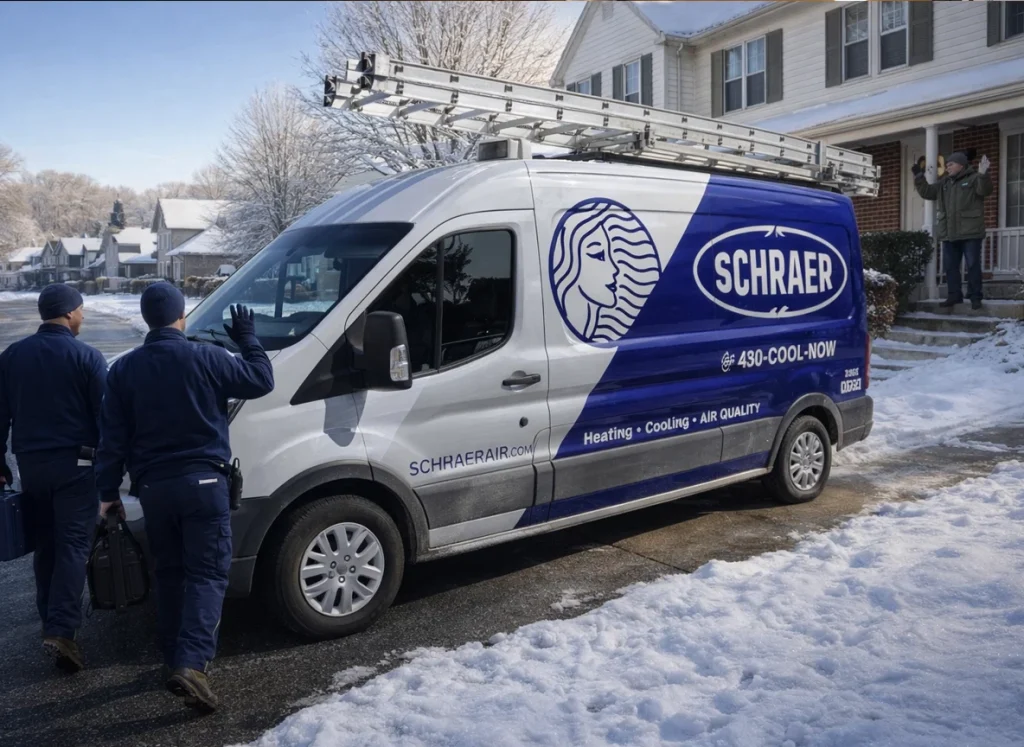 Schraer Air service van and technicians arriving at a Missouri home, showing neighborly HVAC service.