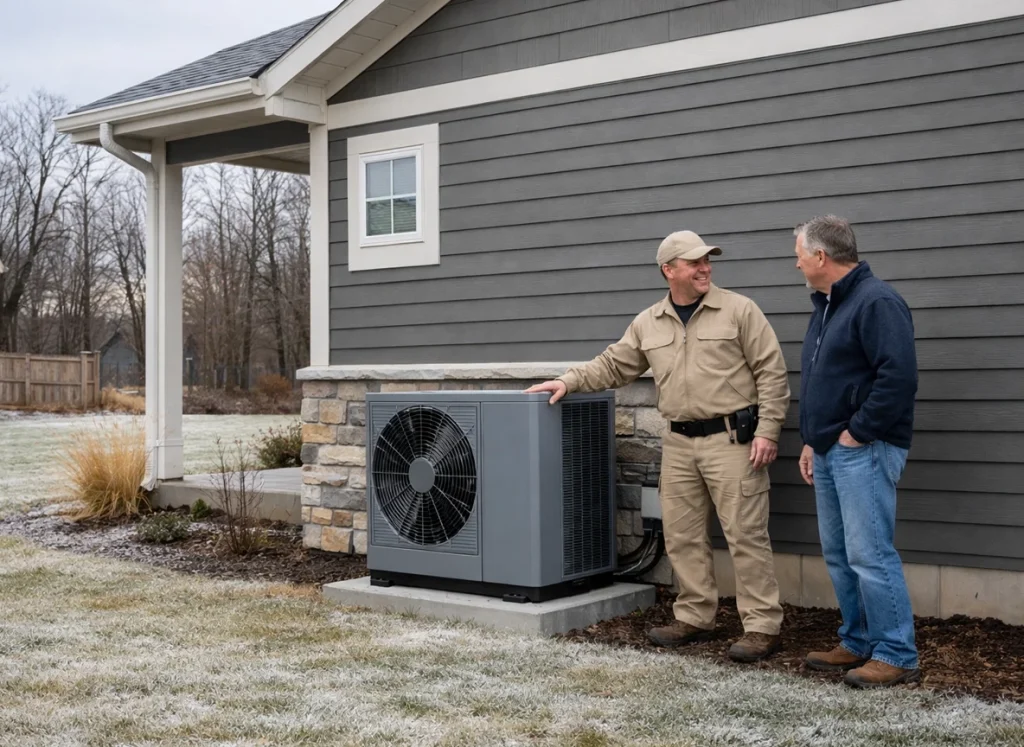 Technician installing outdoor heat pump at Missouri home in late winter