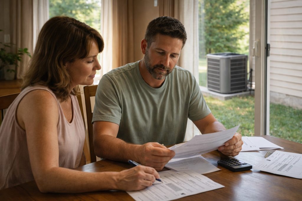 Missouri homeowners reviewing AC installation investment during summer.