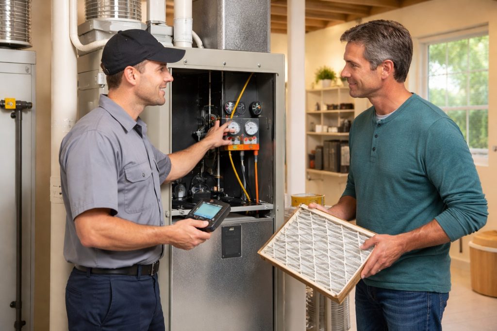 Homeowner reviewing AC maintenance with HVAC technician in Warrenton MO.