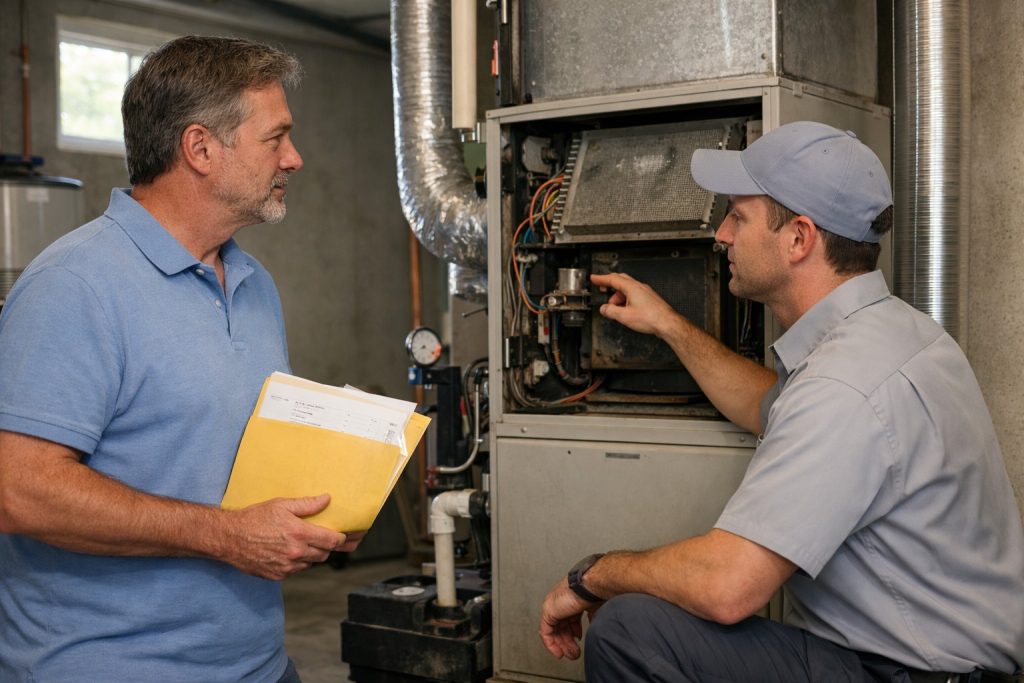Homeowner discussing aging AC system replacement with HVAC technician in Warrenton MO basement.