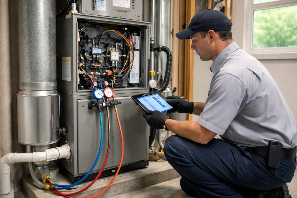 HVAC technician performing AC replacement setup in Missouri home.