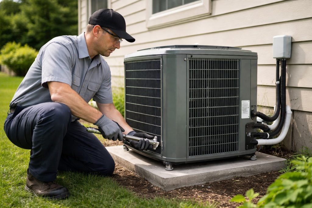 HVAC technician installing outdoor central air conditioning unit in Missouri.