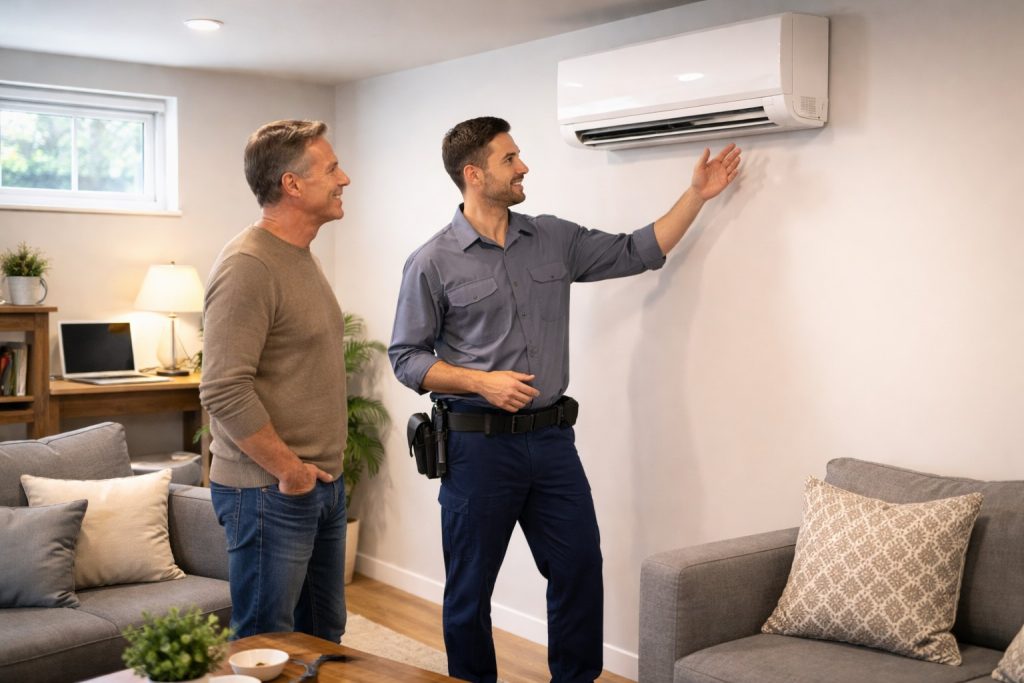 Homeowner reviewing newly installed mini split system in Warrenton MO basement.