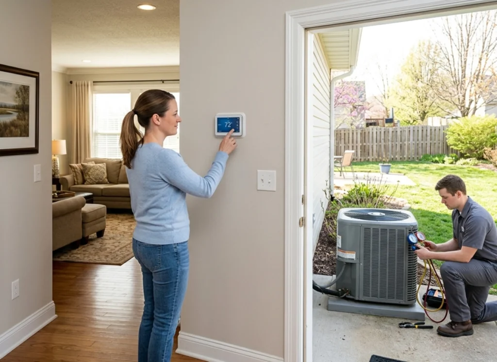 Homeowner switching thermostat from heat to cool during spring HVAC changeover