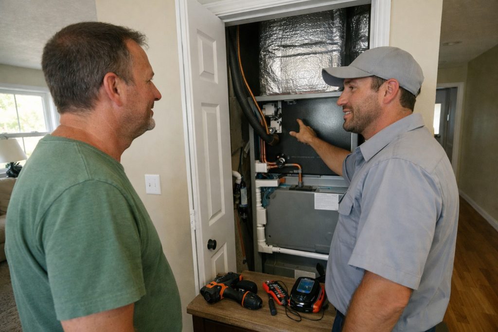 Homeowner discusses AC installation options with technician inside Warrenton home.