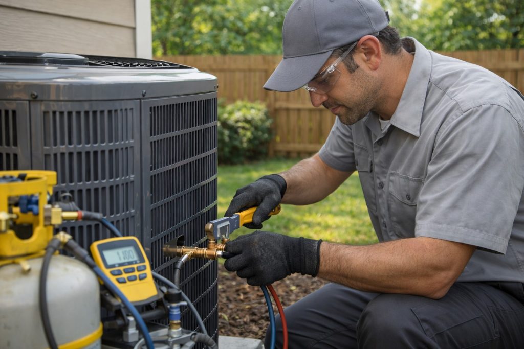 HVAC technician sealing refrigerant line during AC installation in Warrenton backyard.