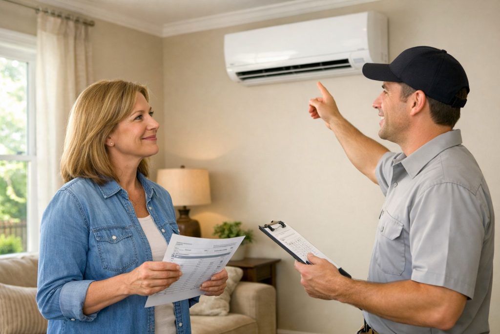 Homeowner discussing ductless AC installation options with technician in a Warrenton living room