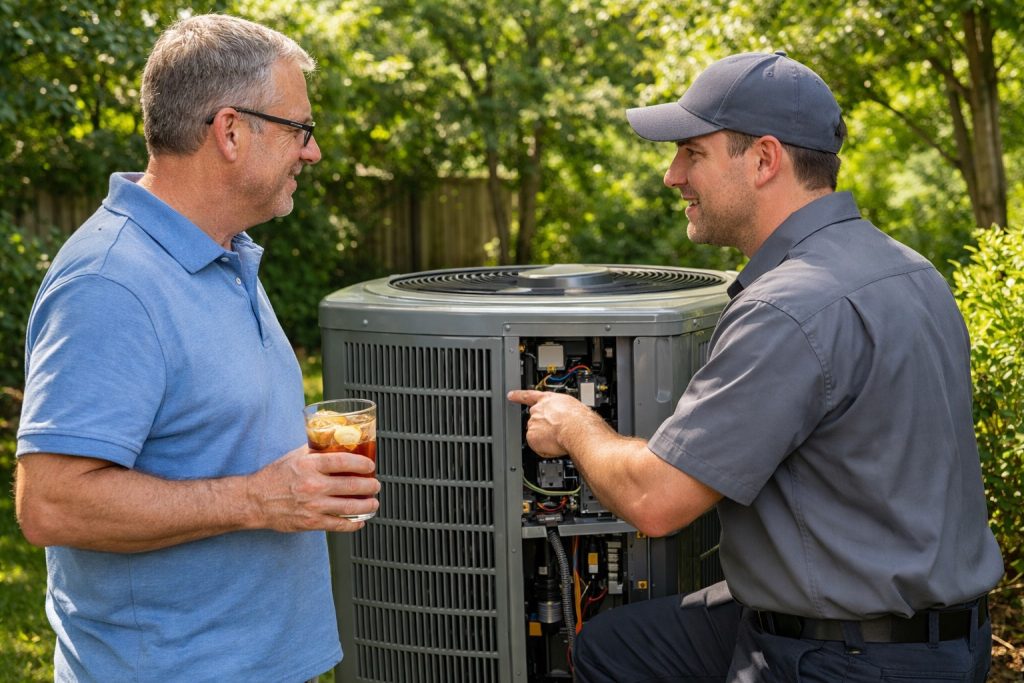 Homeowner and AC technician reviewing condenser unit maintenance in Warrenton backyard