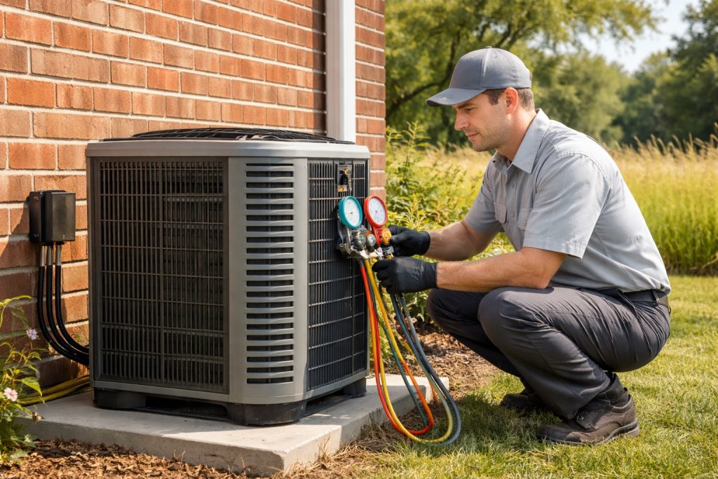 HVAC technician replacing outdoor AC unit beside brick home in Missouri summer.