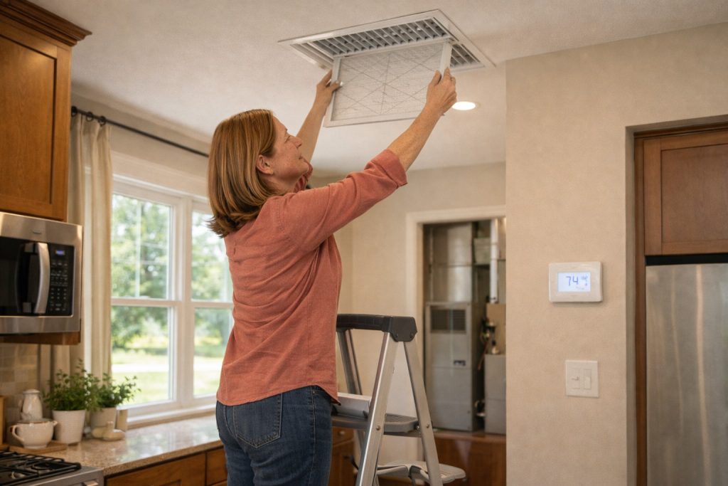 Homeowner replaces AC filter inside sunny Warrenton kitchen during summer maintenance