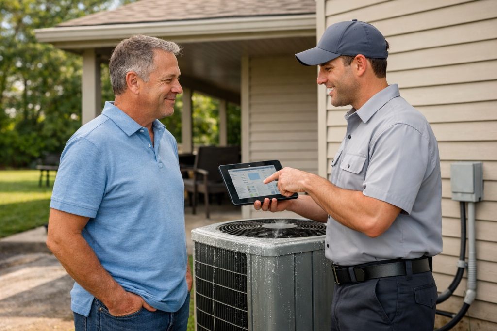 Homeowner discussing AC replacement options with HVAC technician outside Missouri home