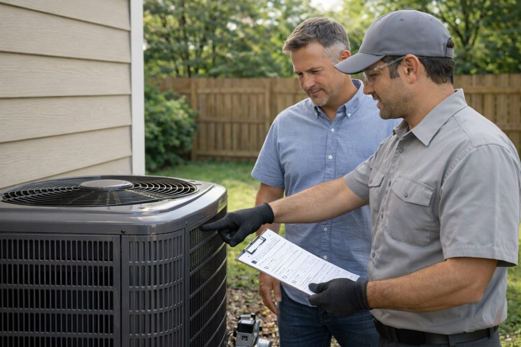 Homeowner learning about AC condenser maintenance from technician in Missouri backyard