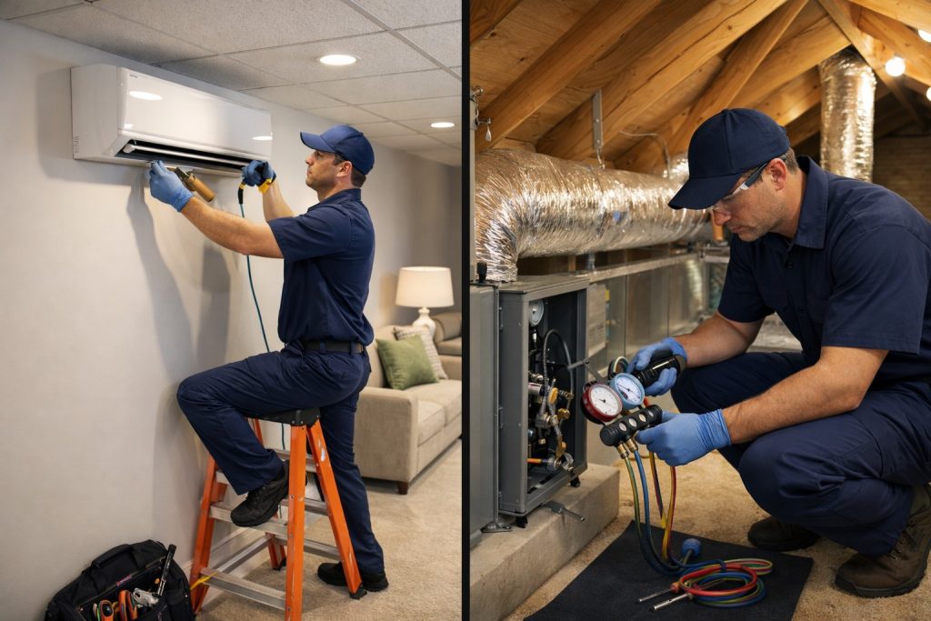 Side-by-side comparison of ductless and central AC installation methods in realistic Missouri homes