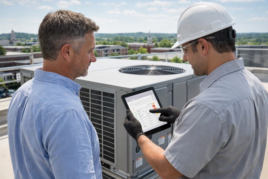 Facility manager reviewing rooftop commercial AC maintenance with technician in Missouri.