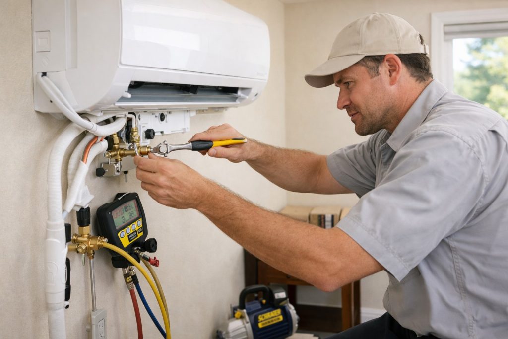 HVAC technician installing ductless mini split system in Missouri home office.