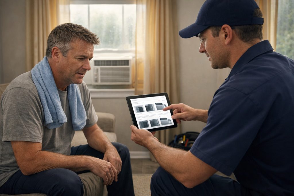 Homeowner and HVAC technician review AC replacement options inside a hot, humid Missouri living room