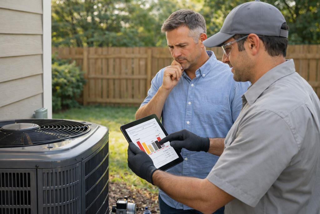 Homeowner discussing compressor failure diagnosis with HVAC technician in Missouri backyard