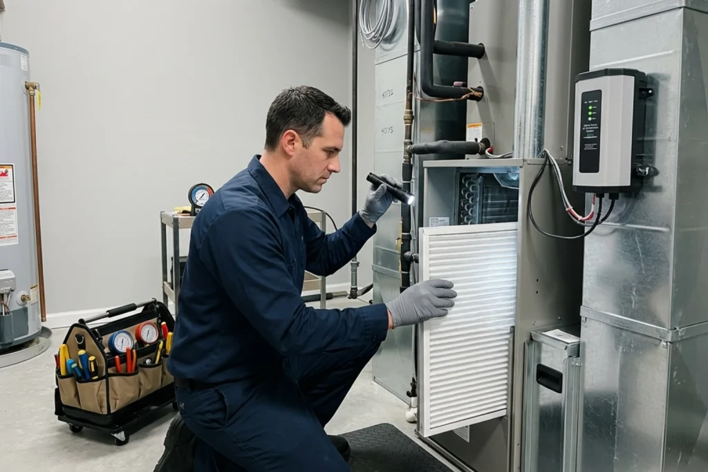 HVAC technician improving indoor air quality for spring allergies