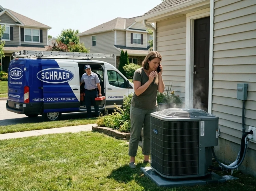 A Schraer HVAC tech making an emergency call.