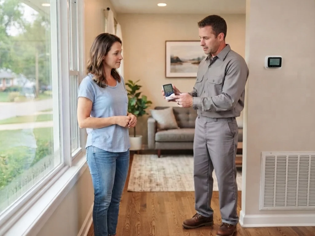 Warrenton homeowner checking excessive indoor humidity with a technician