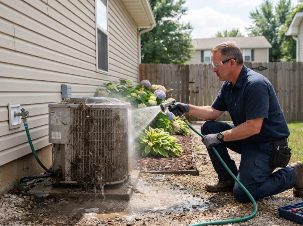 A Schraer air hvac tech cleaning an AC unit.